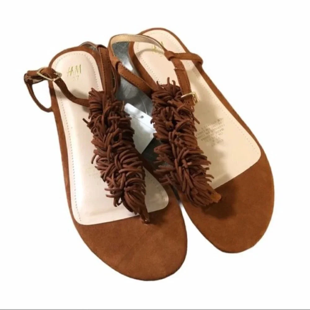H&M Brown Top Fringe Sandals 37 NWT